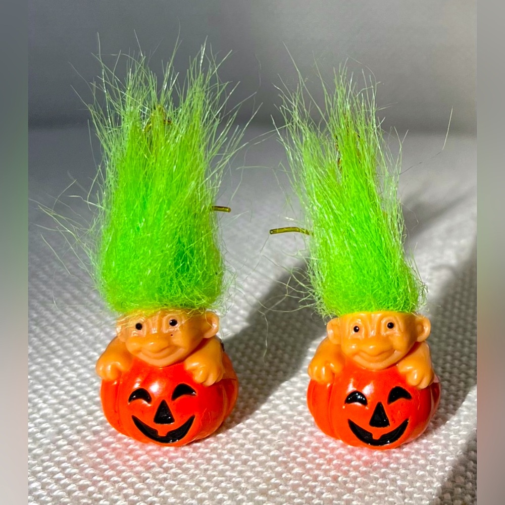 Russ Troll Earrings Green Hair Pumpkin Halloween Good Luck Jewelry Fun